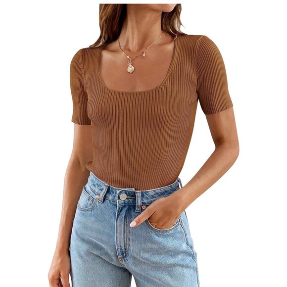 🌸3/$15🌸Small New Cognac Ribbed Fitted Short Sleeve Top sz Small - Picture 1 of 5